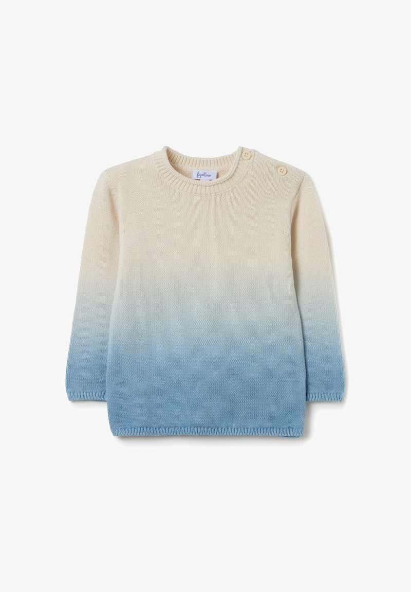 Leichtes Strickpullover mit einem cremefarbenen bis blauen Ombre-Design. Verfügt über einen runden Ausschnitt und zwei kleine Knöpfe auf der linken Schulter.