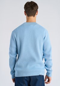 Uomo visto di spalle che indossa un maglione a coste azzurro chiaro e jeans blu scuro con uno sfondo chiaro e uniforme.