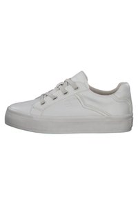 White leather sneaker with rounded toe, lace-up design, textured rubber sole, and subtle stitched accents on the side.