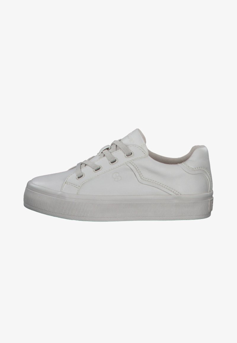 White leather sneaker with rounded toe, lace-up design, textured rubber sole, and subtle stitched accents on the side.