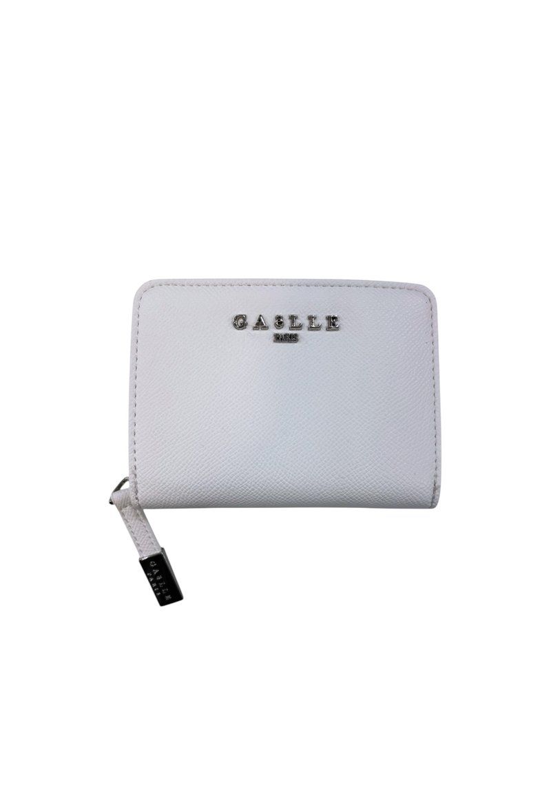 Portafoglio in pelle bianca con superficie testurizzata, dettagli in metallo argentato e logo "GASLLE PARIS" stampato sul davanti. Rifinitura con zip sul lato.