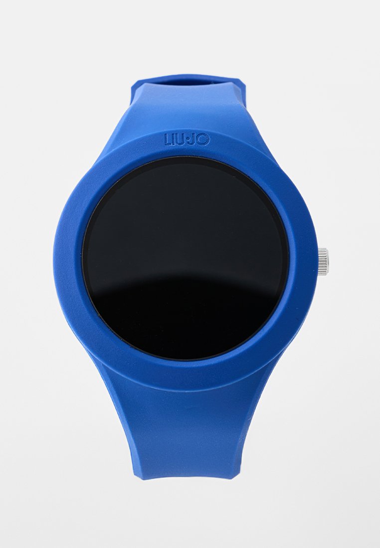Blaues Silikonarmband mit einem runden schwarzen Display, glatter Textur und einem silbernen Hardware- akzent an der Seite. Besitzt ein einfaches, sportliches Design.