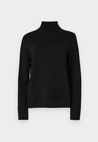 Zwarte coltrui met lange mouwen, geribbeld textuur en knoopdetails aan de schouder. Eenvoudig ontwerp, geen zichtbare patronen.