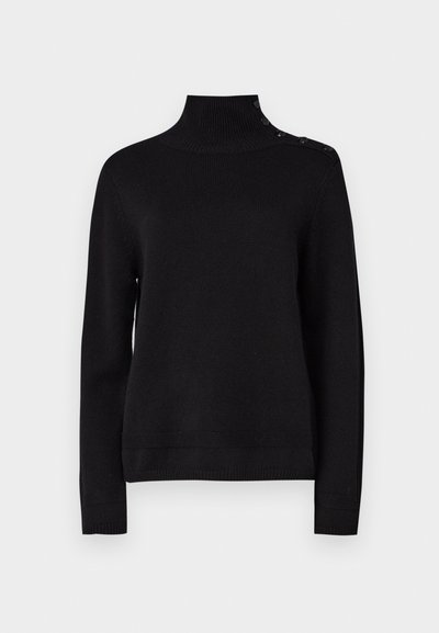 Svart høyhalset genser med lange ermer, ribbestruktur og sidesøm med knapper på skulderen. Enkelt design, ingen synlige mønstre.