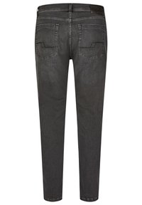 Czarne dżinsy o slim fit, z dwoma tylnymi kieszeniami i gładkim paskiem w talii. Tkanina ma subtelną teksturę i wyblakłe wykończenie.