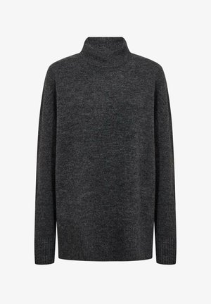 Donkergrijze coltrui gemaakt van textuur gebreide stof, met een losse pasvorm en lange mouwen, en ribgebreide boorden en onderrand.
