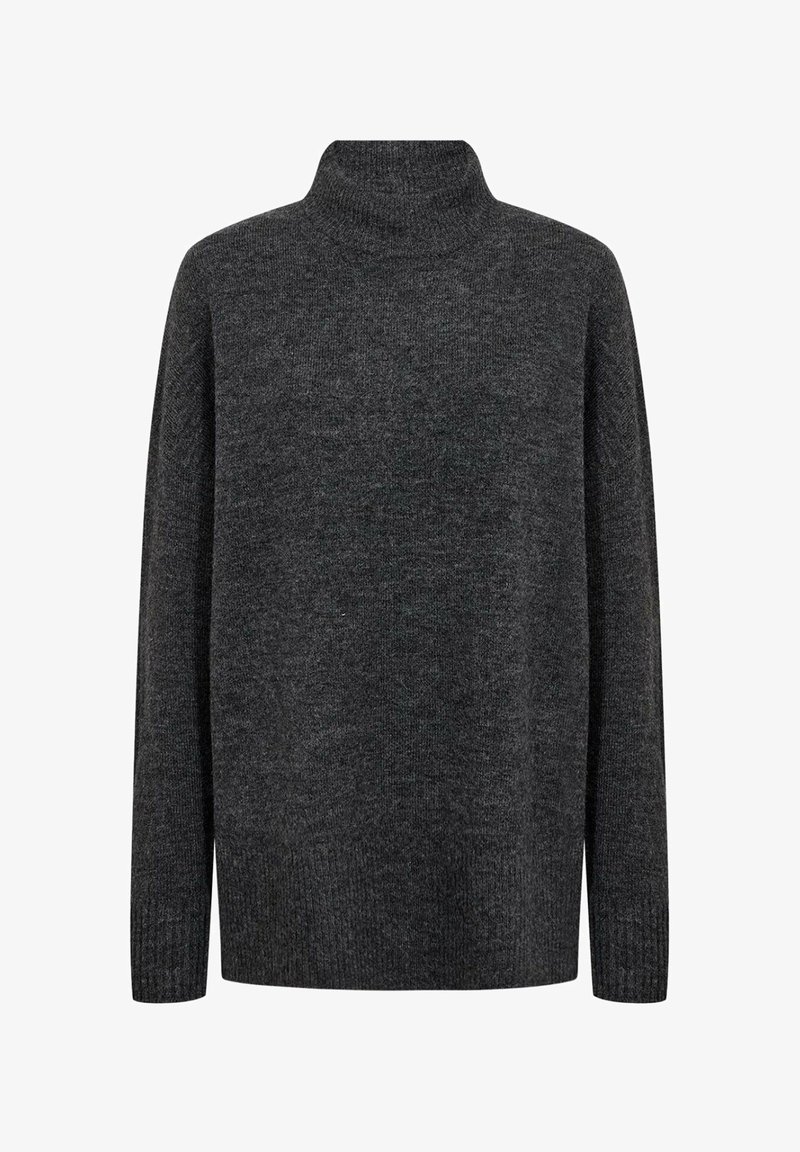 Donkergrijze coltrui gemaakt van textuur gebreide stof, met een losse pasvorm en lange mouwen, en ribgebreide boorden en onderrand.