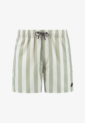 Šviesiai žali ir balti dryžuoti maudymosi šortai su elastingu juosmeniu, reguliuojama raišteliu ir šoninėmis kišenėmis. Apatinėje dalyje yra logotipo aplikacija.