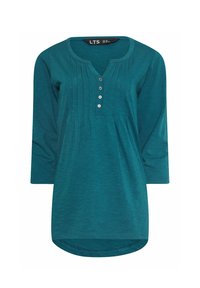 Maglietta a maniche lunghe color teal con scollatura rotonda, patta con bottoni e dettagli plissettati frontali. Tessuto morbido e design con orlo curvo.