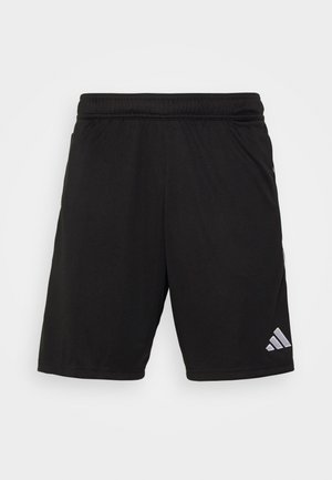 Zwarte sportshorts met een elastische tailleband, voorzien van een gladde textuur en een zilveren Adidas-logo aan de onderzijde rechts.