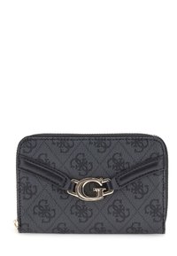 Cartera negra con cremallera y patrón de logotipos repetido, con un clasp en tono dorado con la letra "G" y detalles en piel negra en el frente.