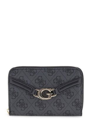 Portafoglio zip-around nero con motivo a logo ripetuto, caratterizzato da una chiusura "G" in tono oro e dettagli in pelle nera sul fronte.