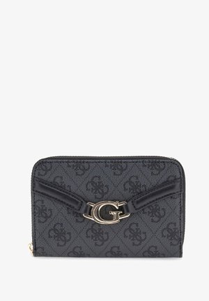 Portafoglio zip-around nero con motivo a logo ripetuto, caratterizzato da una chiusura "G" in tono oro e dettagli in pelle nera sul fronte.
