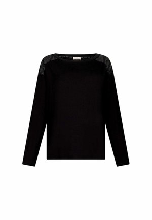 Top lungo nero a maniche, realizzato in tessuto morbido, con dettagli in pizzo sulle spalle e scollo rotondo. Design minimalista e vestibilità rilassata.