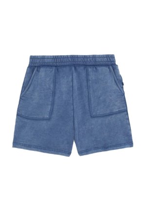 Blå shorts med elastisk midja, två framfickor, mjuk textur och slät yta. Maskintvättbara, mångsidiga för vardagsbruk.