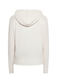 Felpa bianca con cappuccio, dal tessuto morbido, con polsini e orlo a costine. Il design presenta uno stile semplice e minimalista, privo di grafiche.