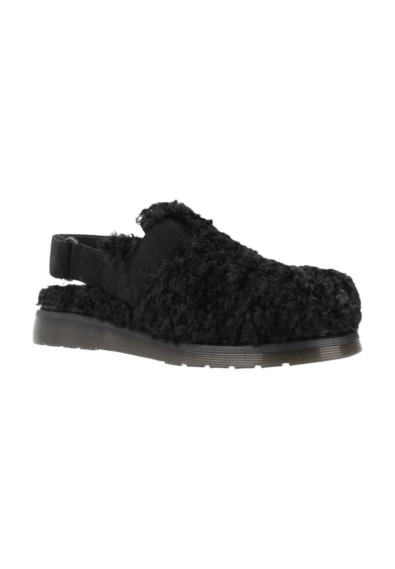 Schwarze plüschige Slipper mit strukturierter Oberfläche, offener Ferse und Gummisohle. Verfügt über ein weiches, flauschiges Material für zusätzlichen Komfort.