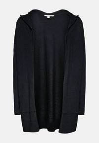 Black, lightweight cardigan with a hood, open front design, long sleeves, and side pockets; smooth texture and relaxed fit.