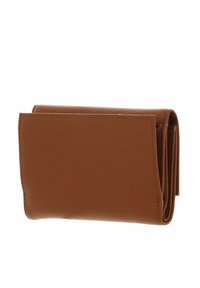 Portafoglio in pelle marrone con una texture liscia, design pieghevole e cuciture visibili. Presenta una tasca laterale e bordi leggermente curvati.