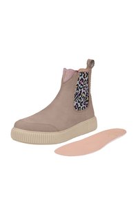Beige ankelstøvle med leopardprint sidepanel, tekstureret gummisål og trækstrop; inkluderer en aftagelig lyserød indlægssål.