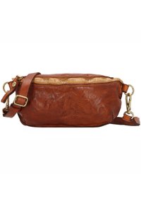 Borsa in pelle marrone, con texture, con una cerniera dorata, tracolla regolabile e accessori in metallo. Forma compatta e rettangolare con una finitura morbida.