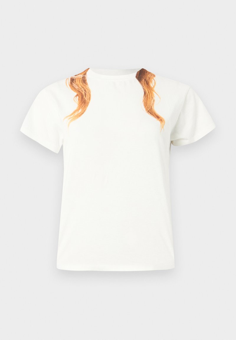 Hvid T-shirt med korte ærmer, der har et trykt design af langt, bølget hår på skuldrene. Bomuldsmateriale, rund hals, afslappet pasform.