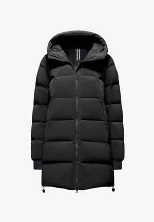 Black puffer jacket with a hood, featuring a zip front, quilted design, elastic cuffs, and adjustable drawstring at the hem.