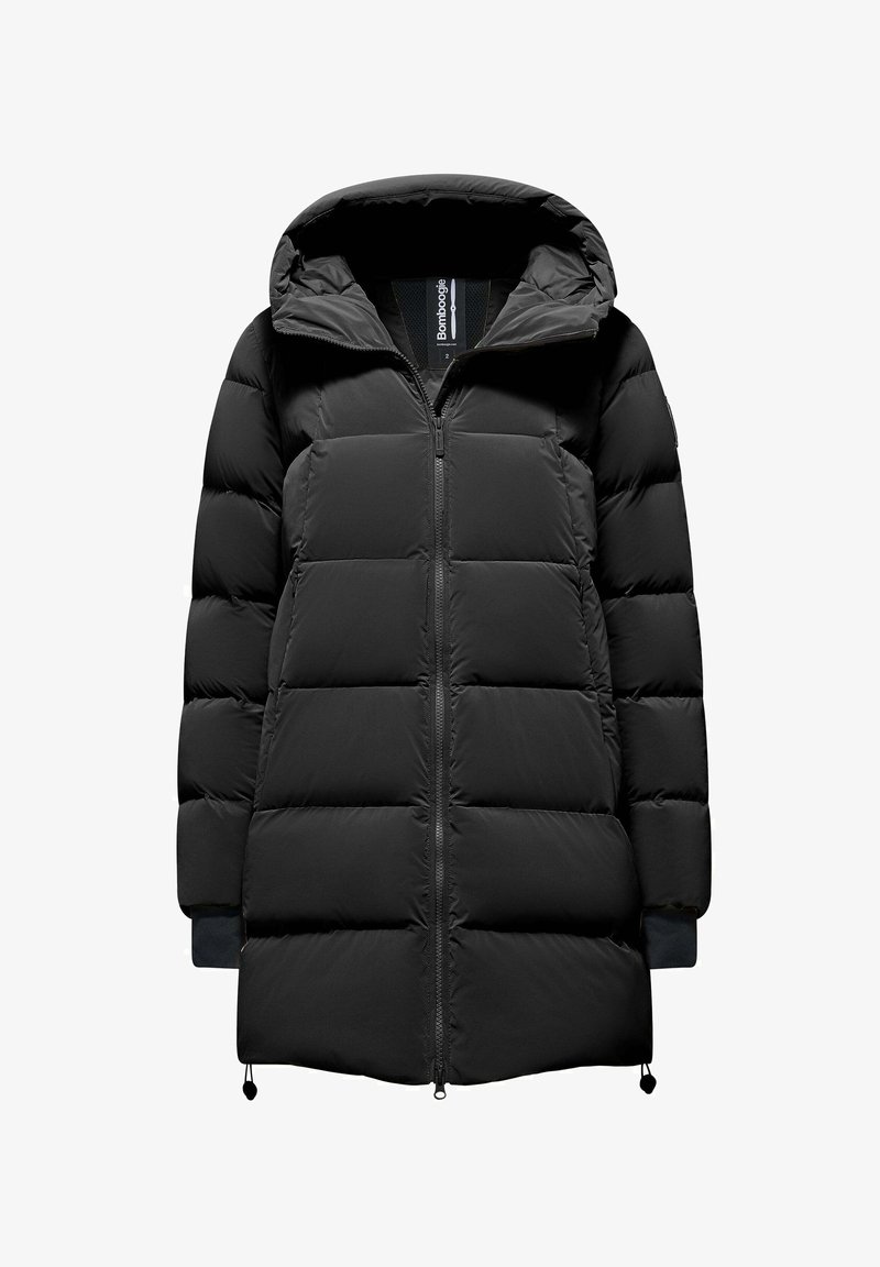 Zwarte pufferjack met capuchon, voorzien van een ritssluiting aan de voorkant, een doorgestikt ontwerp, elastische manchetten en een verstelbare trekkoord aan de onderkant.