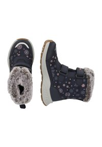 Navy wasserdichte Stiefel mit rosa Schneeflockenmuster, Kunstfell-Futter, Klettverschluss-Riemen und einer strukturierten Gummisohle für besseren Halt.