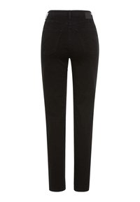 Pantaloni in denim nero con taglio dritto, dotati di due tasche posteriori e fascia in vita. Il materiale è liscio e presenta una leggera elasticità.