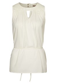 Krämfärgad ärmlös blus med rund halsringning, veck fram, hålöppning och två dekorativa knappar vid kragen.