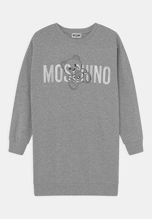 Grijze sweatshirt met een berenafbeelding en "MOSCHINO"-tekst in het wit. Het heeft lange mouwen en een ribgebreide zoom. Gemaakt van zacht katoen.