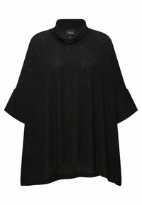 Poncho noir ample avec un col haut, des manches larges et un tissu texturé doté de subtils accents scintillants.