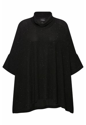 Poncho noir ample avec un col haut, des manches larges et un tissu texturé doté de subtils accents scintillants.