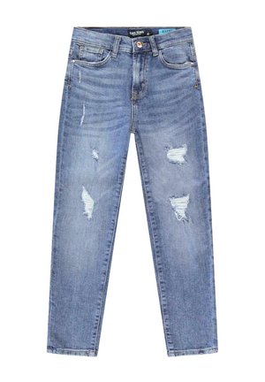 Lichtblauwe denim jeans met een slim fit, voorzien van distressed details op beide pijpen en een klassieke vijfzakkenstijl.
