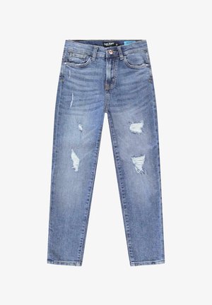 Lichtblauwe denim jeans met een slim fit, voorzien van distressed details op beide pijpen en een klassieke vijfzakkenstijl.
