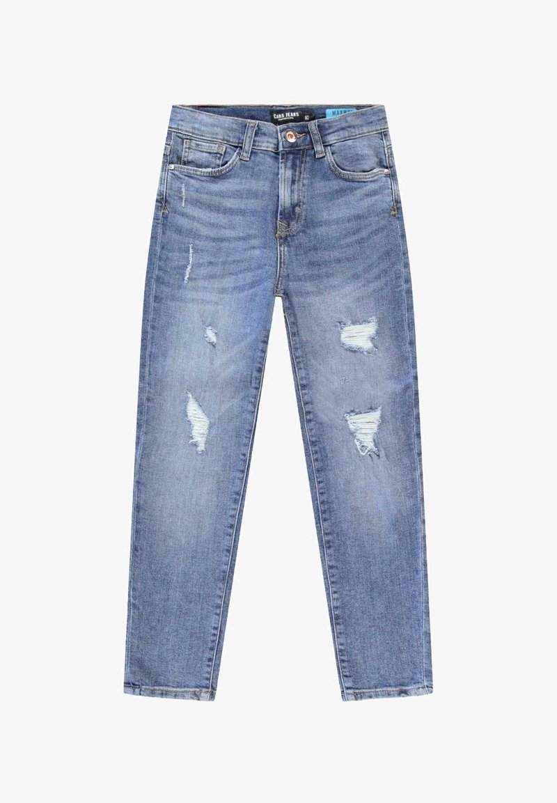 Lichtblauwe denim jeans met een slim fit, voorzien van distressed details op beide pijpen en een klassieke vijfzakkenstijl.