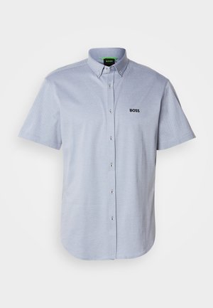 Short-sleeve button-up shirt in light blue fabric with a textured pattern, featuring a black embroidered "BOSS" logo on the chest.