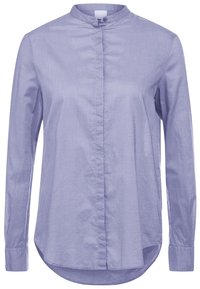 Camicia a maniche lunghe di colore viola chiaro con colletto alla cinese, chiusura con bottoni e orlo curvo. Tessuto liscio e vestibilità su misura.