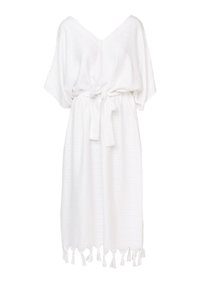 Abito di cotone bianco con scollatura a V, maniche corte e larghe e vita con lacci. Presenta strisce texturizzate e ponpon decorativi all'orlo.