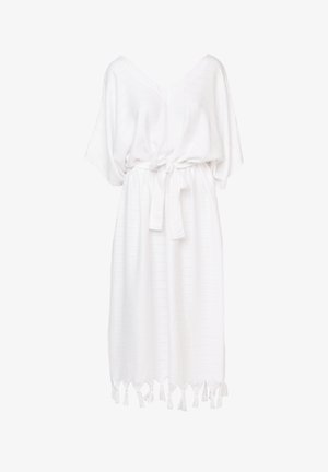 Witte katoenen jurk met een V-hals, korte brede mouwen en een striktaille. Heeft textuurstrepen en decoratieve franjes aan de onderrand.