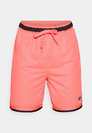 Neoonroosad spordipüksid, millel on võrkriie, elastne must vöökoht, reguleeritav nöör ja kontrastsed mustad ääred.