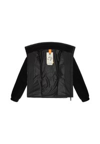 Schwarze Jacke mit weichen, strukturierten Ärmeln, glattem Futter und einem Etikett mit orangefarbenem Akzent, das ein schlichtes und funktionales Design zeigt.