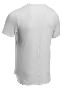 Weißes Sport-T-Shirt mit kurzen Ärmeln, ausgestattet mit einem strukturierten Mesh-Einsatz auf der Rückseite, glattem Stoff und einem abgerundeten Saum am unteren Ende.