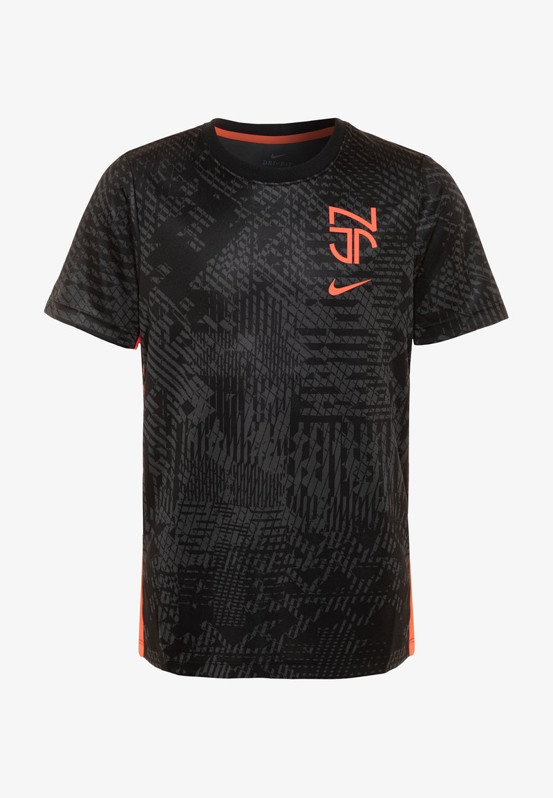 Black short-sleeved Nike t-shirt featuring a textured pattern, orange logo accents, and a round neckline made from Dri-FIT material.