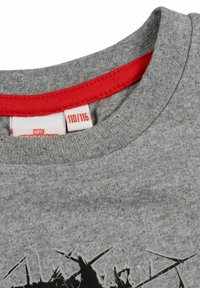 T-shirt in cotone grigio con colletto rosso e stampa grafica nera. L'etichetta della taglia mostra le dimensioni 110/116, posizionata all'interno del collo.