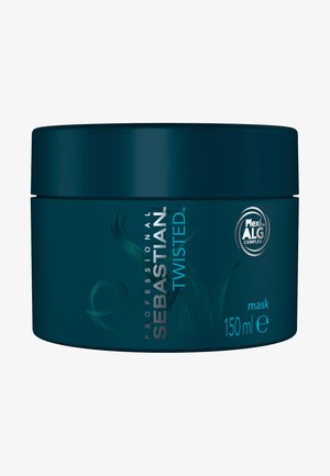 Runder türkisfarbener Behälter mit passendem Deckel, versehen mit weißem und hellblauem Text sowie einer grünlichen Wellengrafik; gekennzeichnet als 150 ml professionelle Haarmaske.