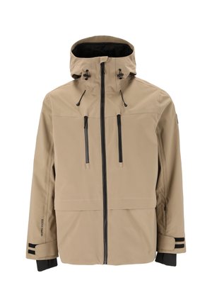 Vedenpitävä beige takki hupulla, jossa on kaksi vetoketjullista etupoketia, mustat vetoketjut ja yksityiskohdat, sekä säädettävät nyörit kaulassa ja hihansuissa.