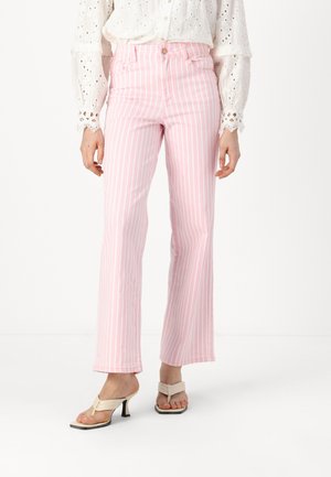 Pink and white striped flared trousers with a high waist, made of lightweight fabric, featuring a zipper and button closure.