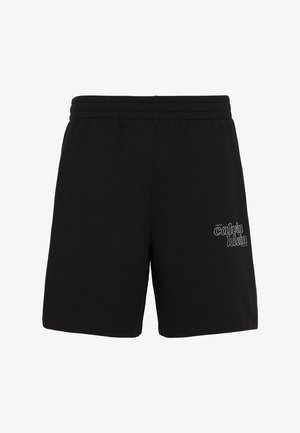 Zwarte casual shorts met elastische tailleband, met wit Calvin Klein-logo op het onderste deel van het linkerbeen.